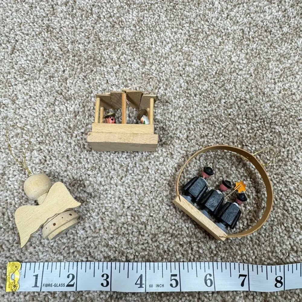 VTG Christmas Ornaments erzgebirge style nativity Painted Set of 3 wooden